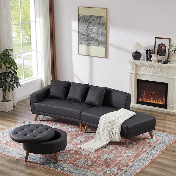 Harper & Bright Designs 107 in W Square Arm Faux Leather Rectangle Sofa in. Black with Round Button-Tufted Storage Ottoman, 3 Removable Pillows