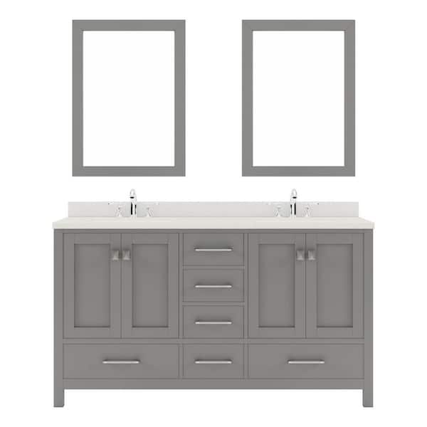 Virtu USA Caroline Avenue 60 in. W Bath Vanity in Gray with Quartz Vanity Top in White with White Basin and Mirror