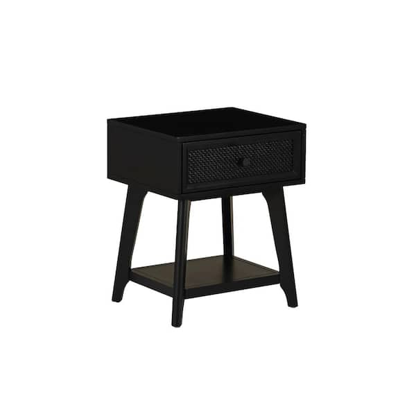 Linon Home Decor Carolina 18 in. Black Cane Rectangle Wood Side Table Nightstand with 1 Drawer