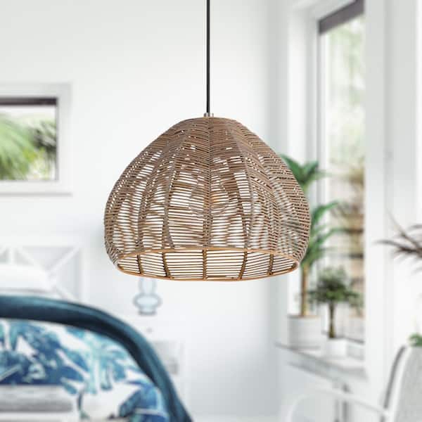 Alma 1-Light Silver Hanging Pendant with Brown Rattan Cloche Shade