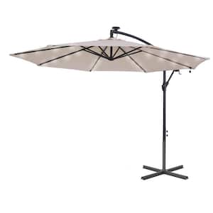 10 ft. Steel Cantilever Umbrella Solar Tilt Patio Umbrella in Beige with Cross Base and 32 LED Lights