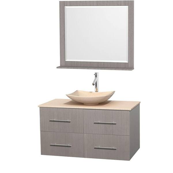 Wyndham Collection Centra 42 in. Vanity in Gray Oak with Marble Vanity Top in Ivory, Marble Sink and 36 in. Mirror