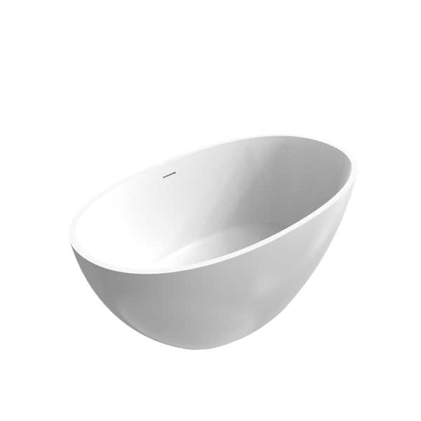 55.00 in. x 30.70 in. Flat Bottom Solid Surface Freestanding Soaking Bathtub with Center Drain in Matte White