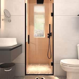 28 in x 72 in. Frameless Hinged Shower Door, Matte Black with 8mm Clear Tempered Glass