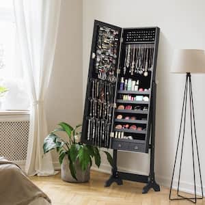 Black Lockable Mirrored Jewelry Cabinet Armoire Storage Organizer Box