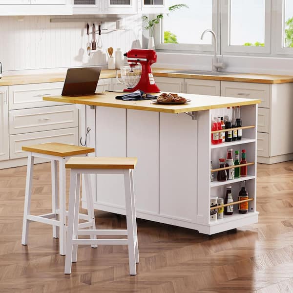 Unbranded White Wood 53 in. Kitchen Island with Drawers,Kitchen Storage Cart on 5 Wheels with Drop Leaf,Door Internal Storage Rack