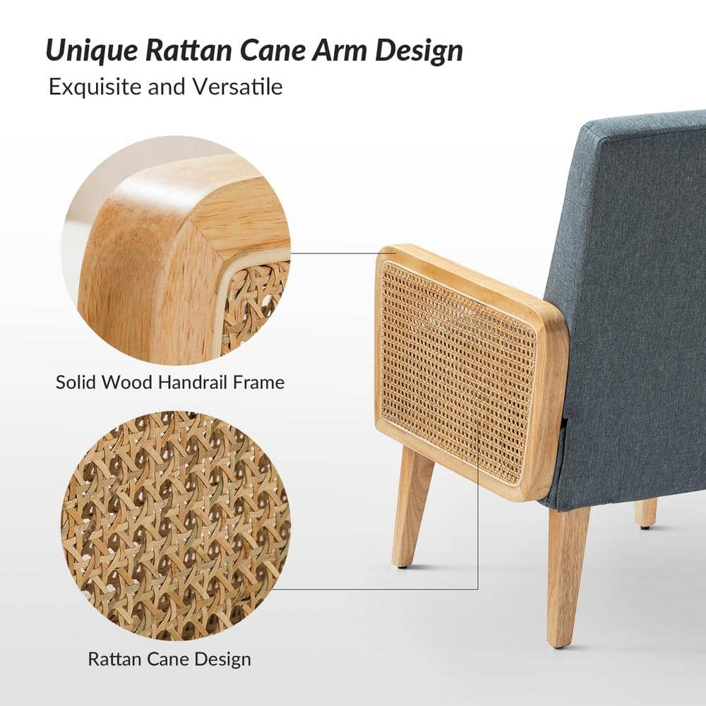 Handcrafted Blue Velvet Accent Chair with Rattan Armrests
