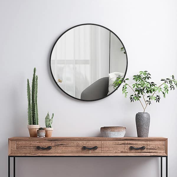 NEUTYPE Medium Round Black Shelves & Drawers Modern Mirror (24 in. H x 24 in. W)