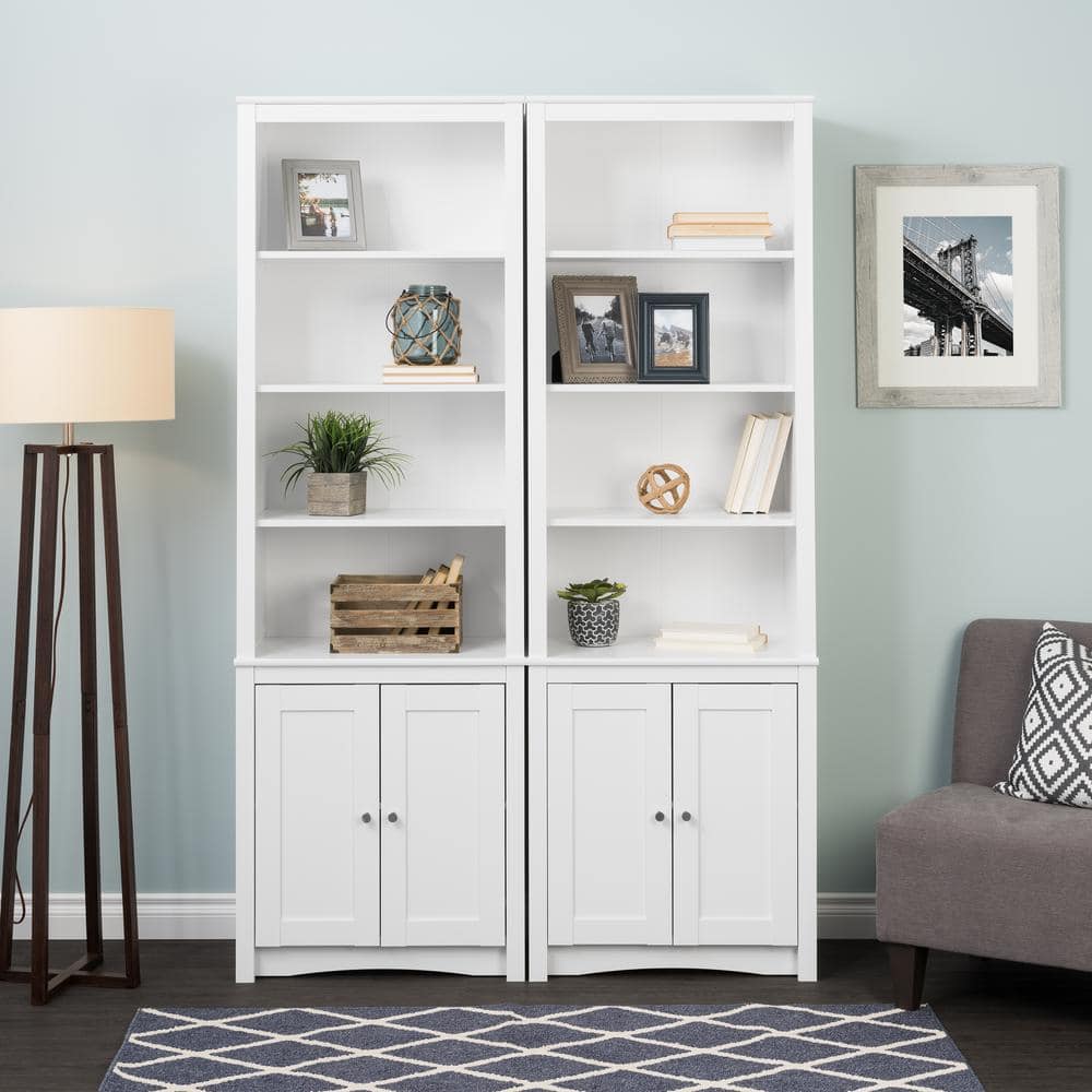 Tall White Wood Bookcase with Shaker Doors