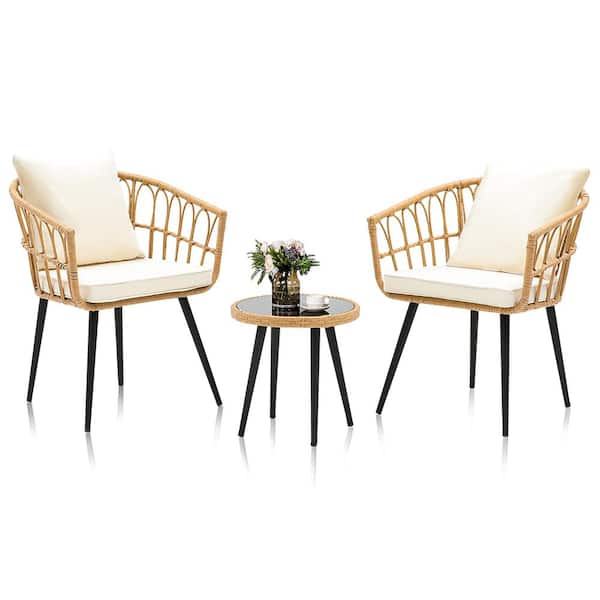 SUNRINX 3-Piece Wicker Outdoor Bistro Set with Beige Cushions