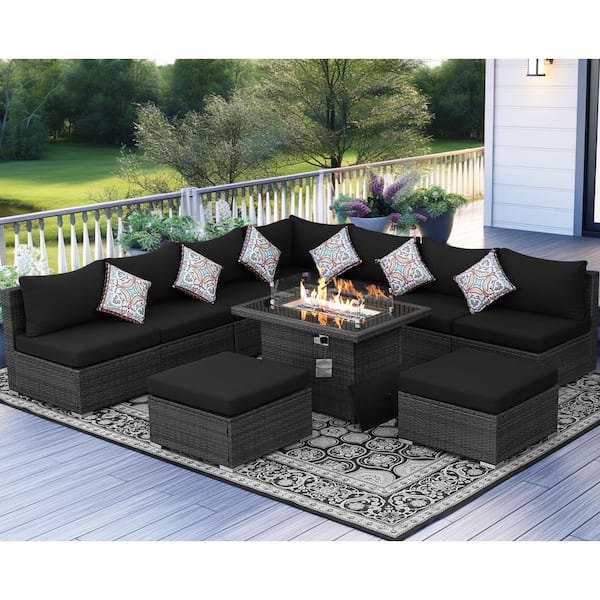 FINCATI Large 10 Piece Charcoal Wicker Patio Fire Pit Deep Seating Conversation Set with Black Cushions and Ottomans