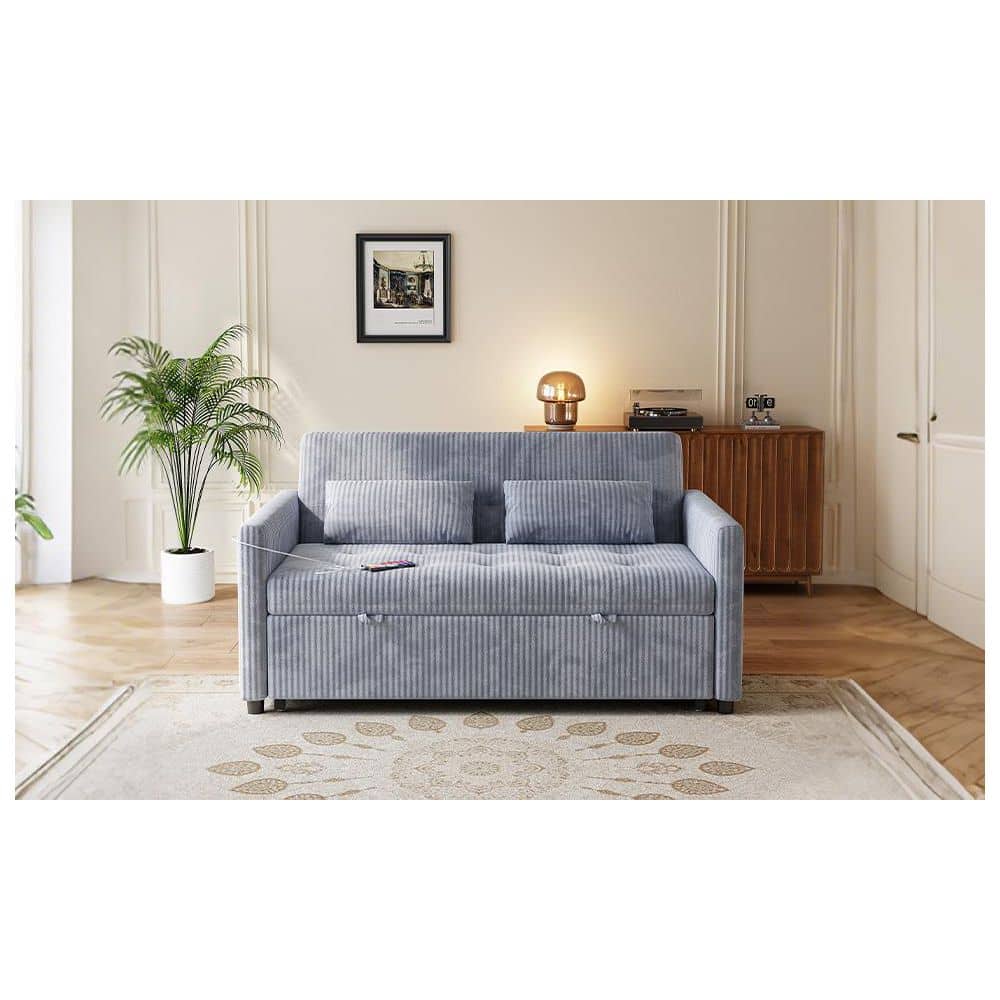 Gray velvet sleeper sofa in its closed 2-seater configuration.
