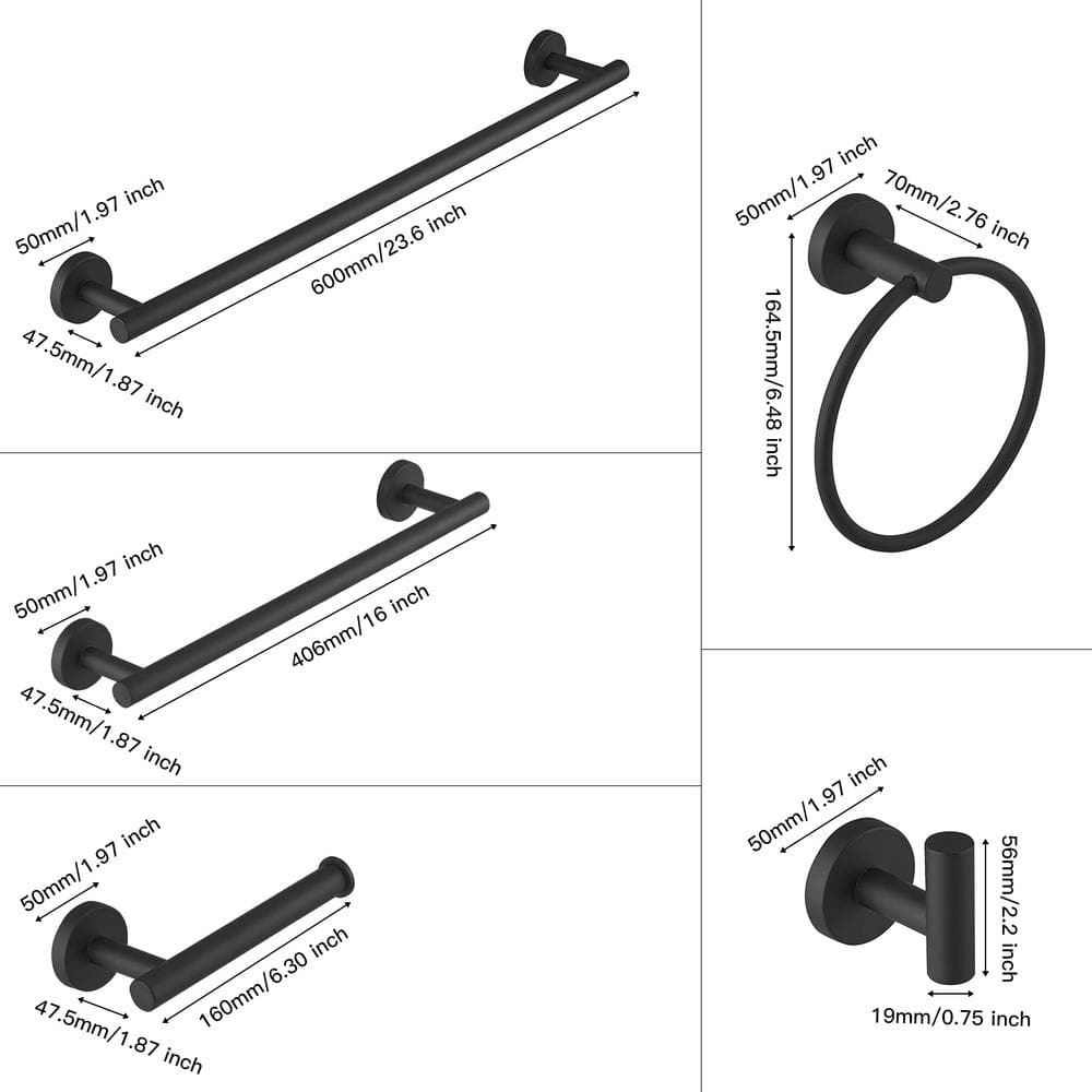 Matte Black Stainless Steel 6-Piece Bathroom Hardware Set