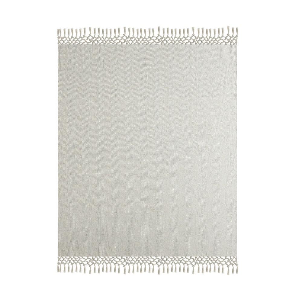 Gray Cotton Herringbone Throw Blanket with Fringe