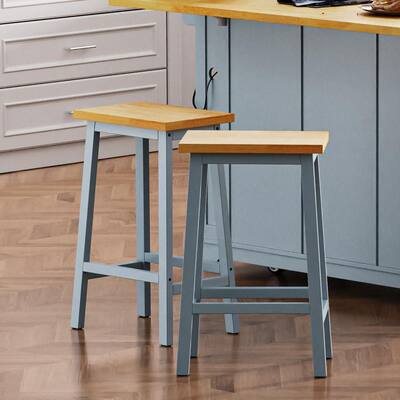 25.6 in. H Grey Blue Backless Solid Wood Bar Stool with Rubber Wood Seat (Set of 2)