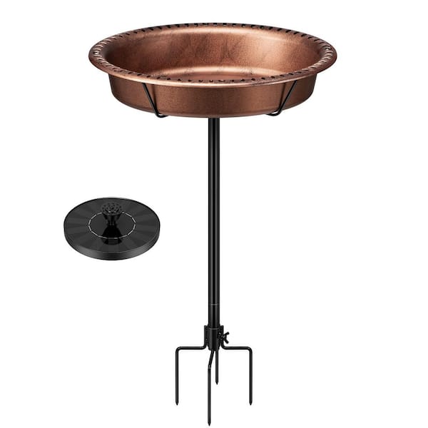 12.8 in. Dia Bronze Oval ABS Garden Birdbath Bowl with Solar Powered Pump, Metal Ground Stake