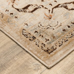 Beige Grey Dolphin Blue Deep Teal Gold and Orange 6 ft. x 9 ft. Oriental Power Loom Stain Resistant Area Rug