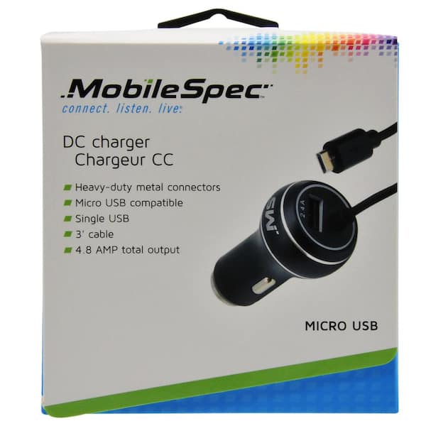 MobileSpec 12-Volt/DC 2.4 Amp USB Charger with USB Cable in Black MBS03120 - Home Depot