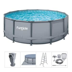 Oasis 14 ft. Round 48 in. Deep Metal Frame Above Ground Pool with Pump, Gray