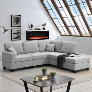 89.8 in. W Square Arm L Shaped Linen Fabric Modern Sectional Sofa in. Gray with Ottoman and 2-Pillows