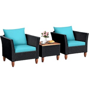3-Piece Wicker Outdoor Patio Conversation Set Furniture Set with Turquoise Cushions and Acacia Wood Coffee Table
