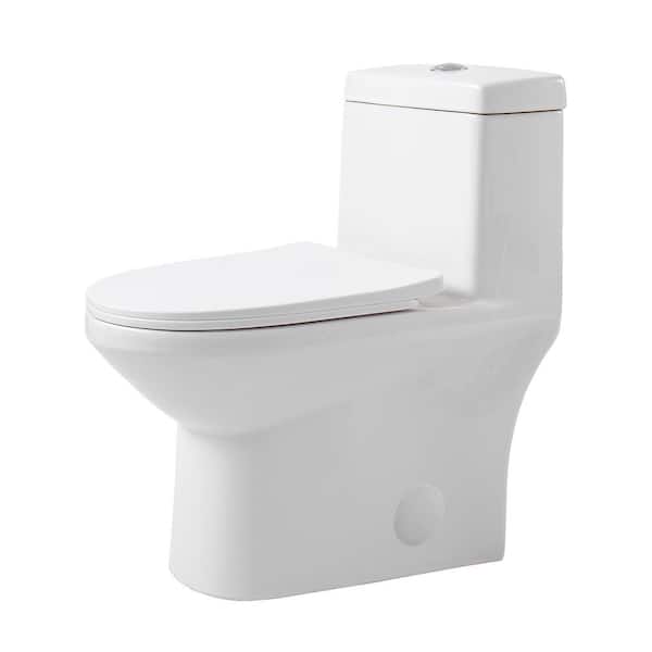 HOMEMYSTIQUE 1-piece 0.8/1.28 GPF GPF Dual Flush Elongated Modern Toilet Soft Closing Seat, Quick Release in White Seat Included