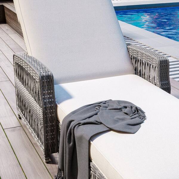 Gray Wicker Outdoor Long Chaise Lounge, Patio Adjustable