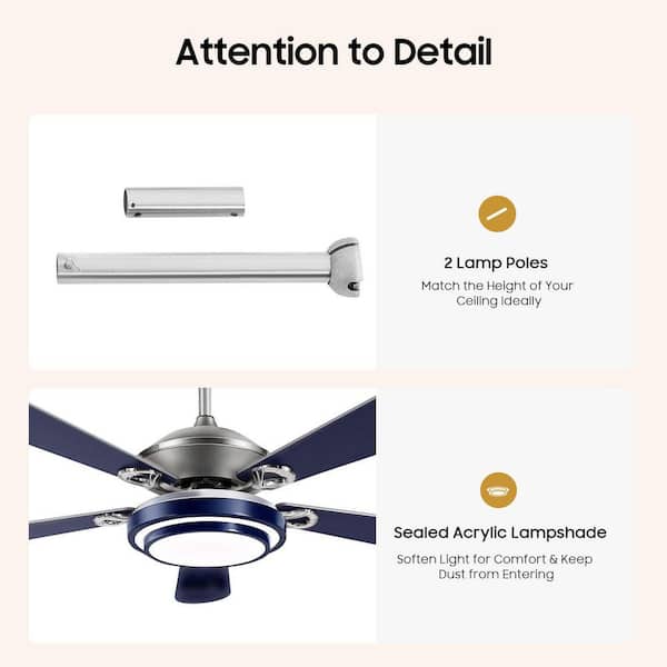 OUKANING 52 in. Indoor Blue and Silver Mute Ceiling Fan for Dining