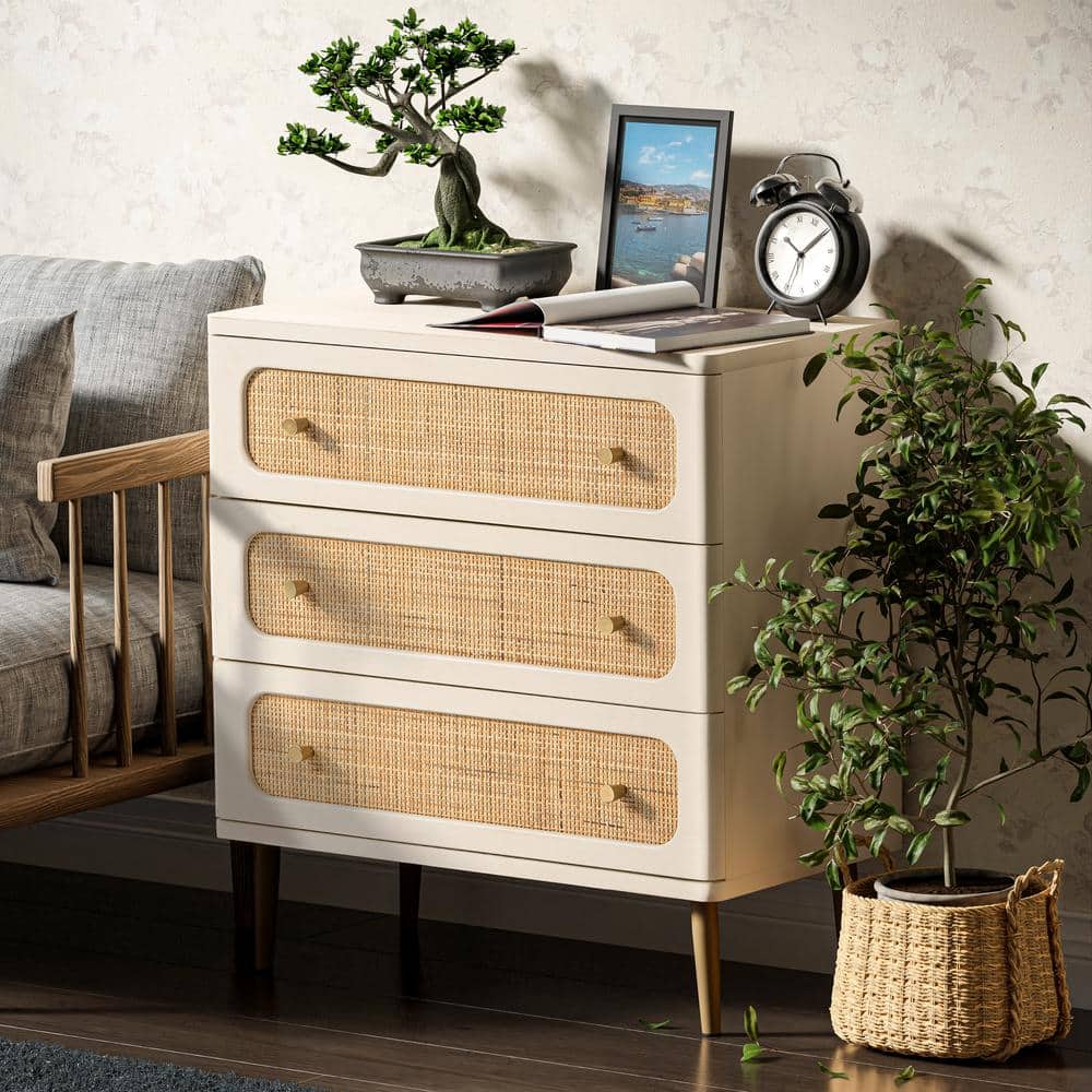 White and Natural Rattan 3-Drawer Mid-Century Modern Chest