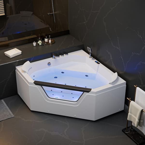 59 in. x 59 in. Alcove Whirlpool Air Combination Bathtub Acrylic Corner Thermostatic Bath Tub with Left Drain in White