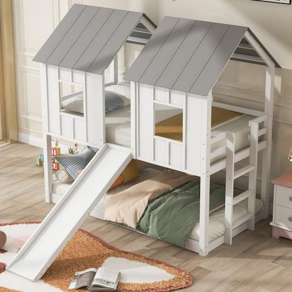 Harper & Bright Designs White Twin over Twin House Bunk Bed with Slide and Windows