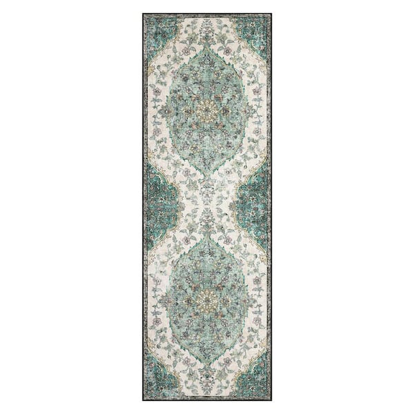 Vintage Printed Rug Low Pile Non-Slip Thin Carpet Living Room Decorative Carpet for Bedroom Kitchen Office Green，2X6ft