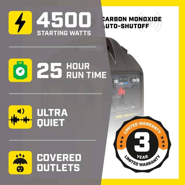 4500/3250-Watt Recoil Start Gasoline/Propane Powered Dual Fuel Inverter Generator with Quiet Technology and CO Shield