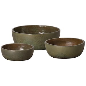 15 in., 20 in., 26 in. D Metallic Green Ceramic Shallow Planters S/3