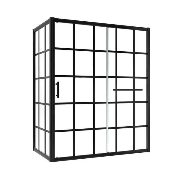 INSTER 60 in. W x 72 in. H Sliding Framed Corner Shower Enclosure in Black Grid Finish with