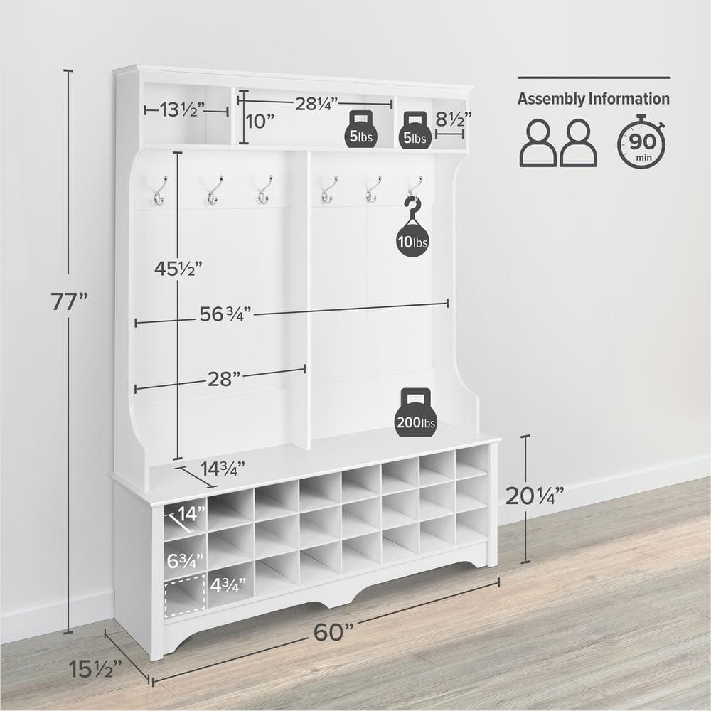 White Hall Tree with Bench and 24 Shoe Cubbies