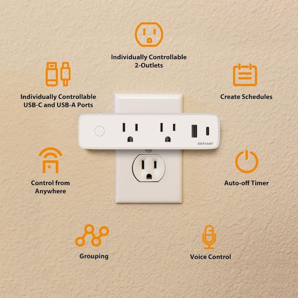 15 Amp Smart Wi-Fi Bluetooth Indoor USB Plug Timer with 2-Outlets, USB Type-A and USB Type-C Powered by Hubspace