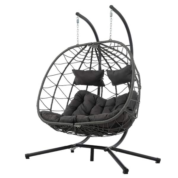 Unbranded 2-Person Gray Wicker Double Swing Egg Chair with Stand and Deep Gray Cushions