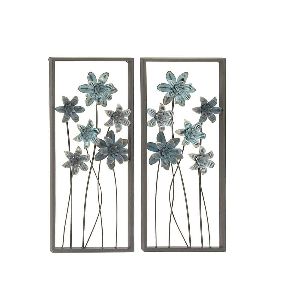 Litton Lane Metal Gray Floral Wall Decor with Black Frame (Set of 2) 95262  - The Home Depot