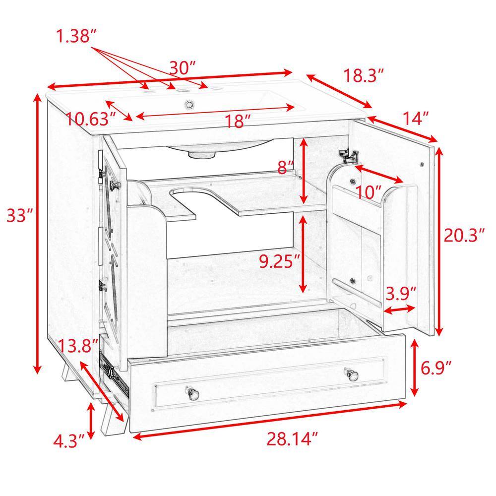 White MDF Single Sink Freestanding Bath Vanity with Ceramic Top