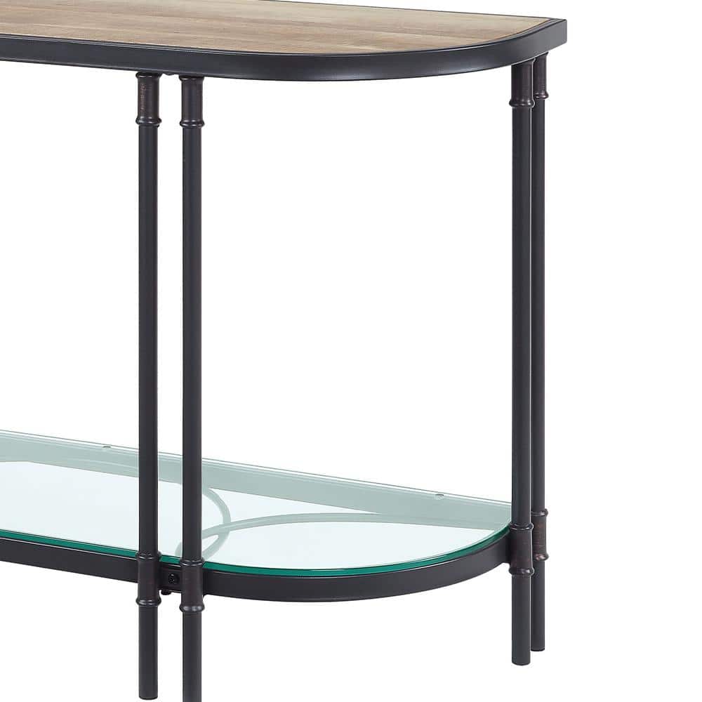 Oak Wood Grain & Sandy Black Metal Demilune Console Table with Glass Shelf