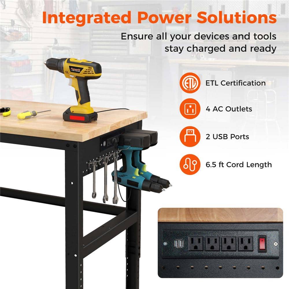 48'' Adjustable Oak Wood Top Workbench with Steel Frame and Power Outlets