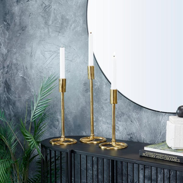 Litton Lane Gold Aluminum Tapered Candle Holder with Ring Bases (Set of 3)