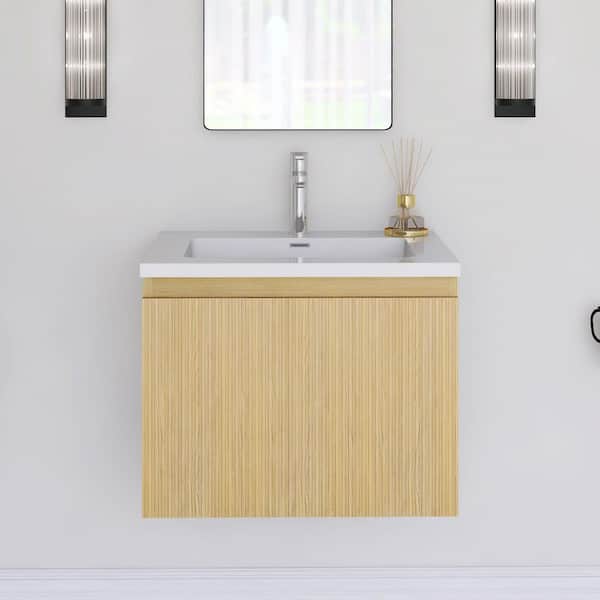 JimsMaison 23.62 in. W x 18.90 in. D x 18.19 in. H Wall-Mounted Bath Vanity in Yellow Oak with White Resin Top