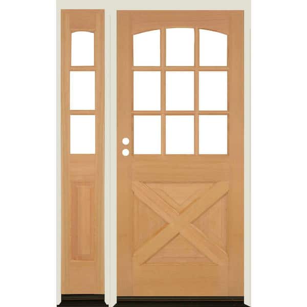 Krosswood Doors 50 in. x 80 in. Farmhouse X Panel RH 1/2 Lite Clear Glass Unfinished Hemlock Prehung Front Door with LSL