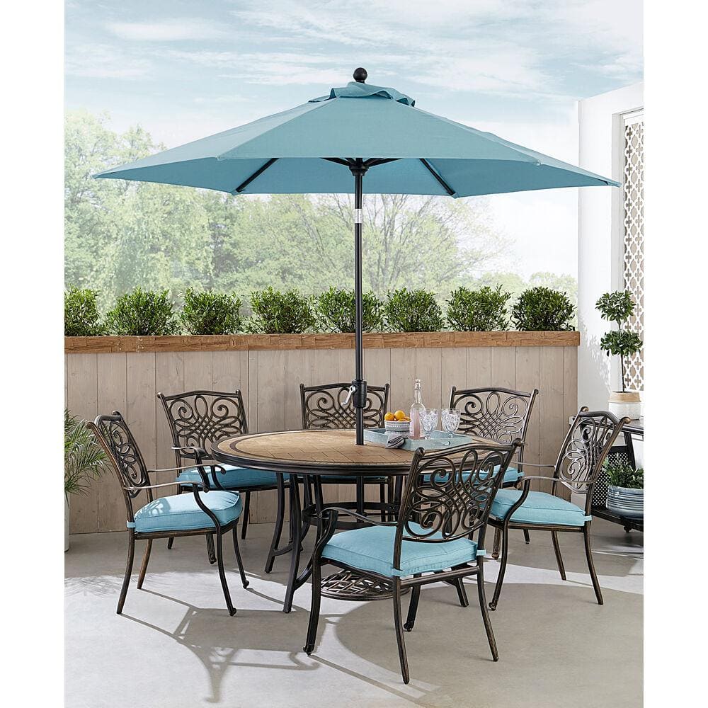 Elegant Monaco 60" Round Tile Dining Set for 6 with Cushions and Umbrella, Blue