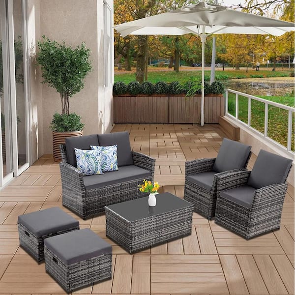 Cesicia 6-Piece Gray Wicker Outdoor Sectional Set with Gray Cushions and Coffee Table