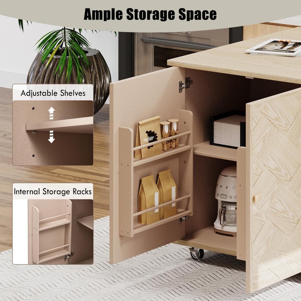 Natural Wood Rectangular Drop Leaf Kitchen Cart with Storage