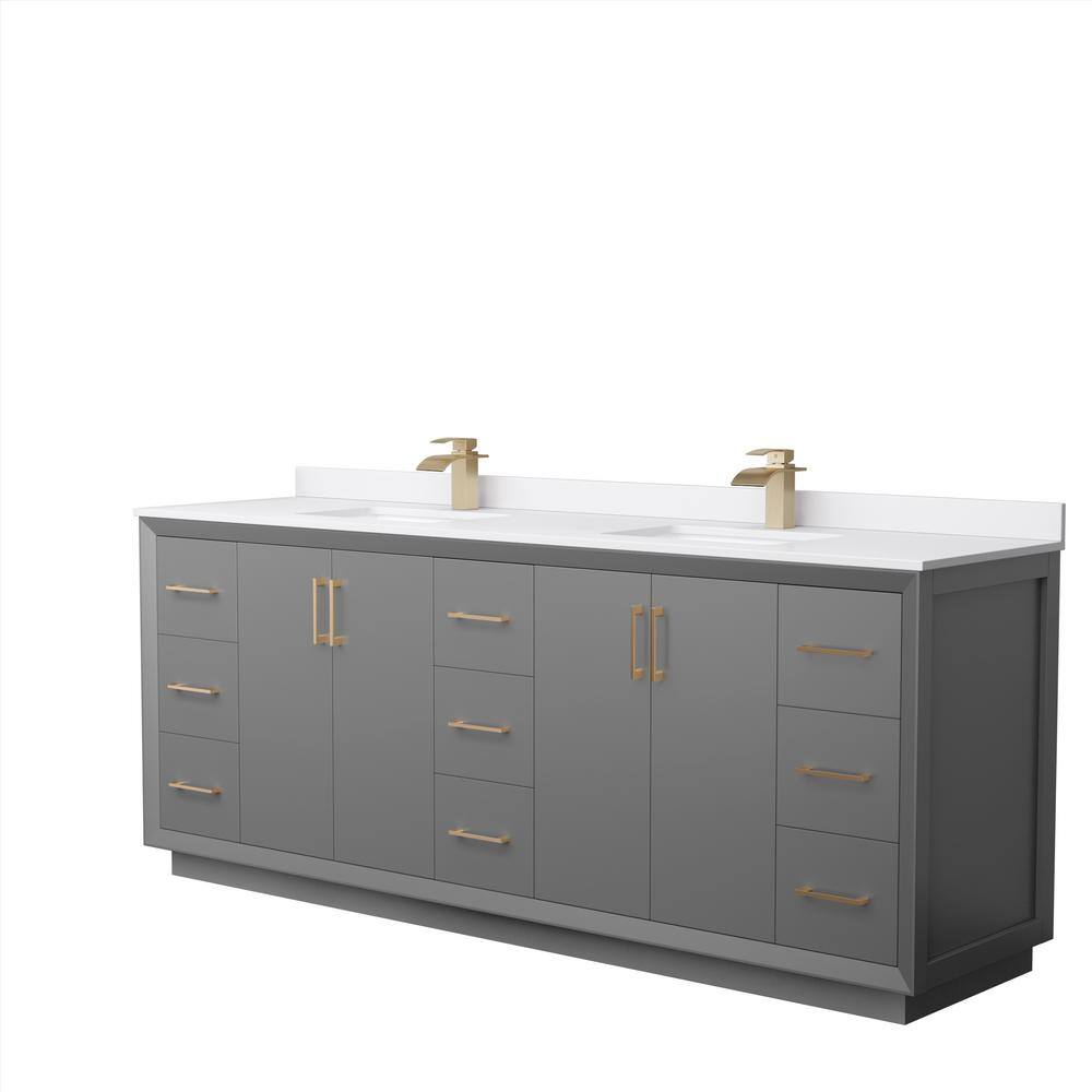 Wyndham Collection Strada 84 in. W x 22 in. D x 35 in. H Double Bath Vanity in Dark Gray with White Cultured Marble Top, Dark Gray with Satin Bronze Trim -  WCF414184DGZWCUNSMXX