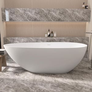 67 in. x 33.5 in. Solid Surface Stone Resin Flat Bottom Free Standing Soaking Bathtub Freestanding Bathtub in White
